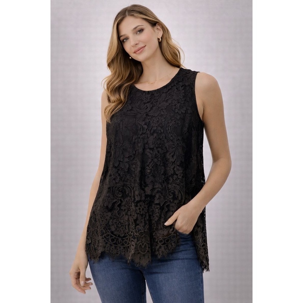 APT.9 Black Lace Overlay Sleeveless Tank Top Women's XS Keyhole Back‎
